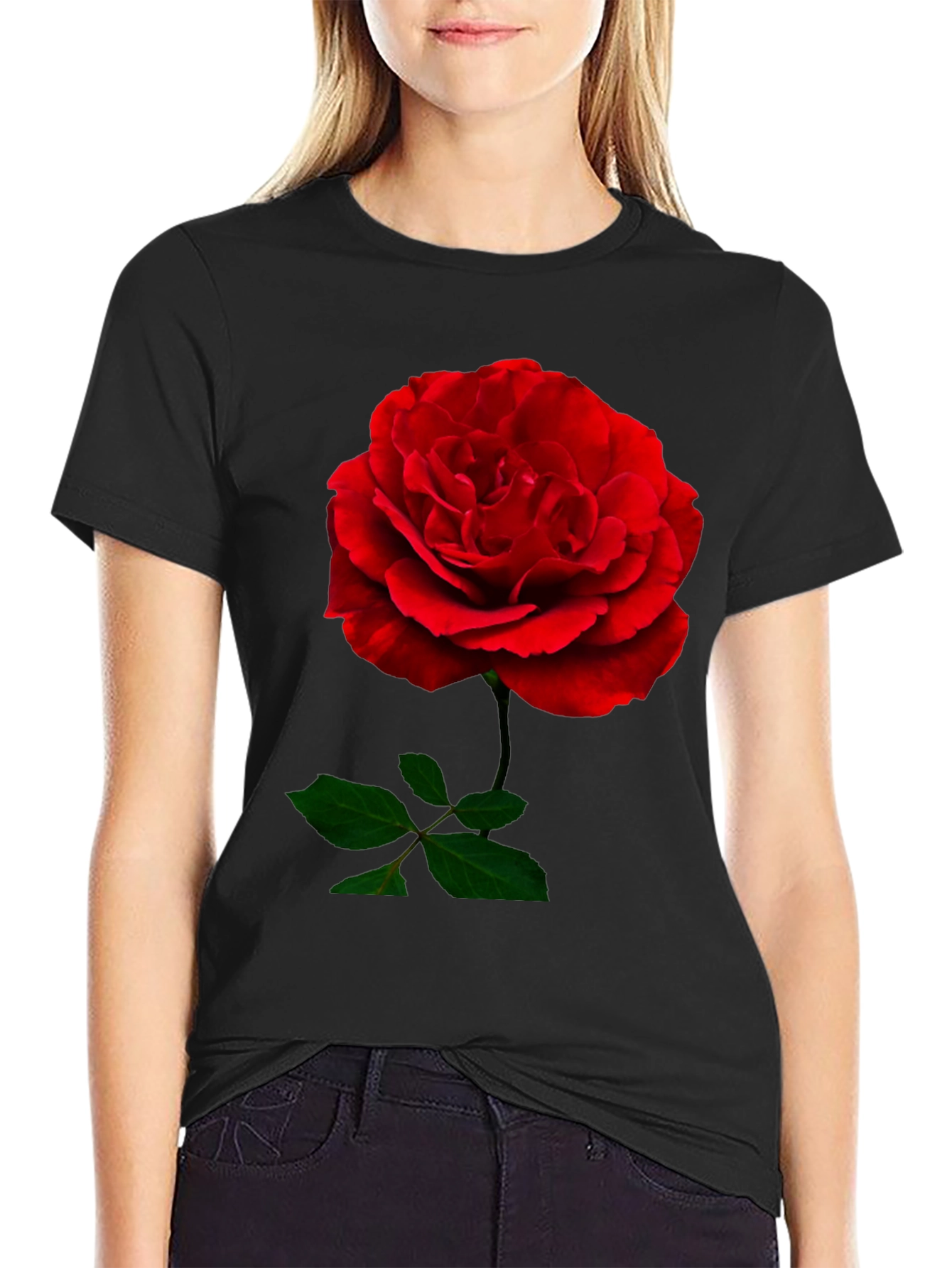 Red Rose Graphic Print Black T-Shirt