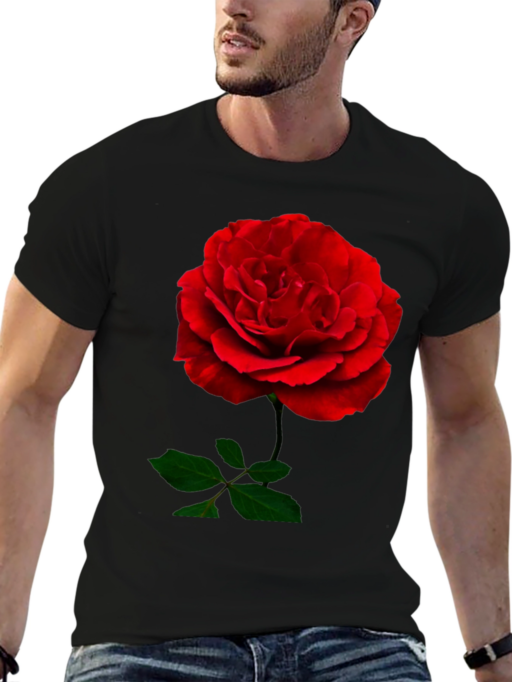 Red Rose Graphic Print Black T-Shirt