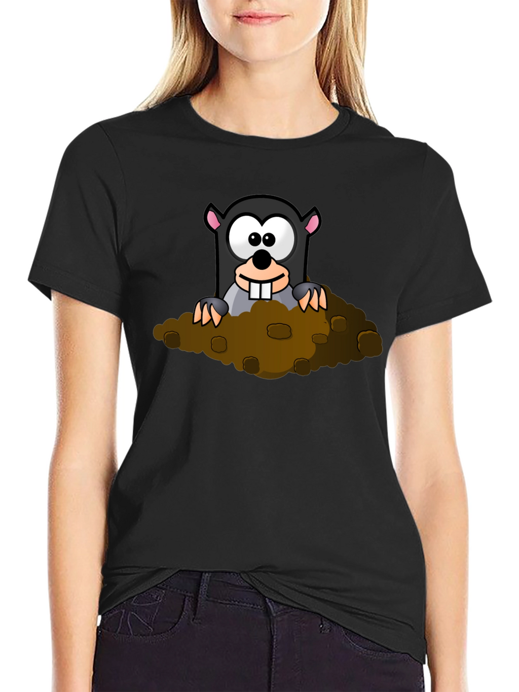 Whimsical Mole Cartoon Graphic Black T-Shirt