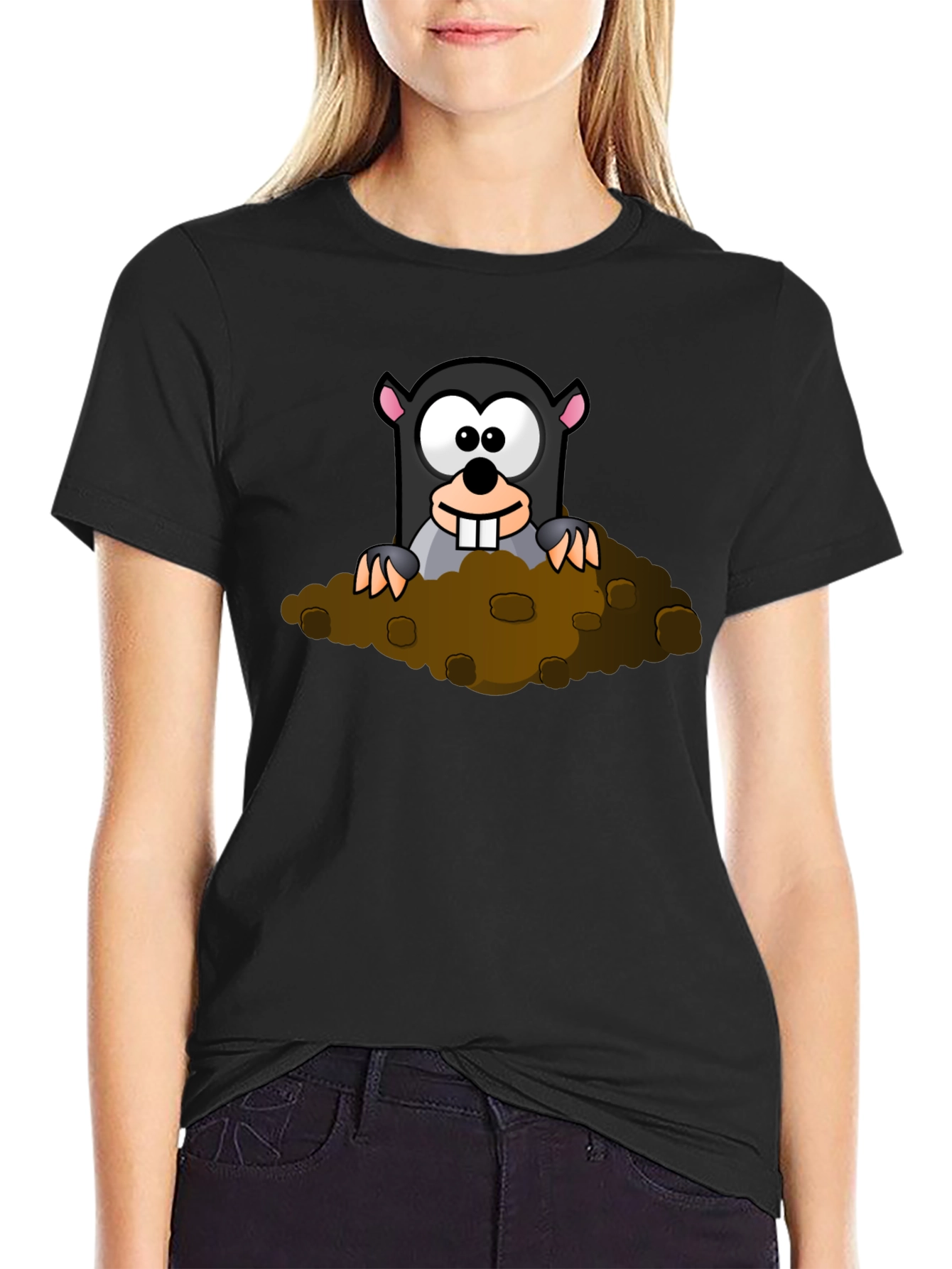 Whimsical Mole Cartoon Graphic Black T-Shirt