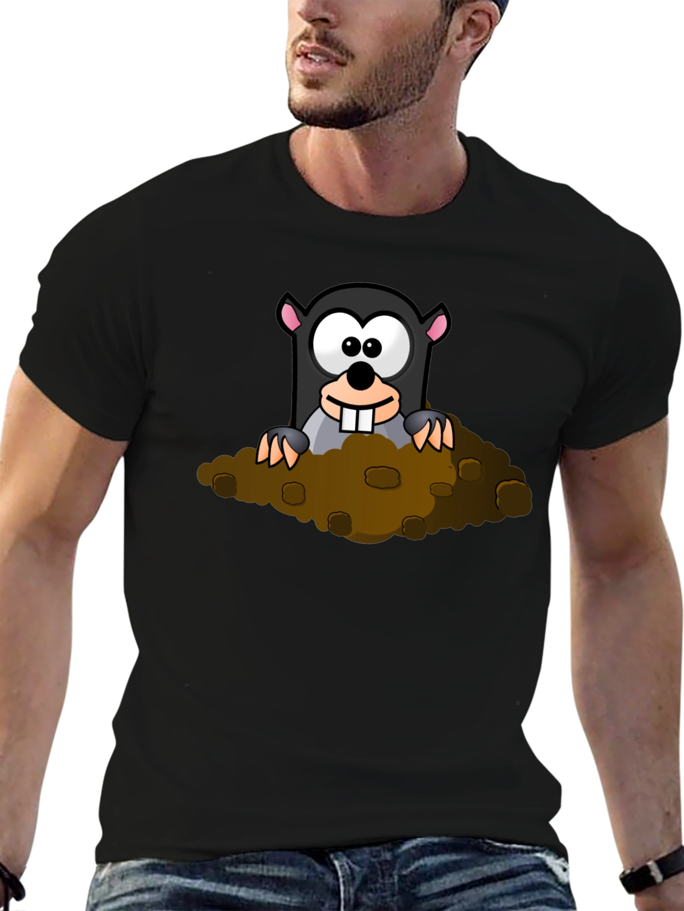 Whimsical Mole Cartoon Graphic Black T-Shirt