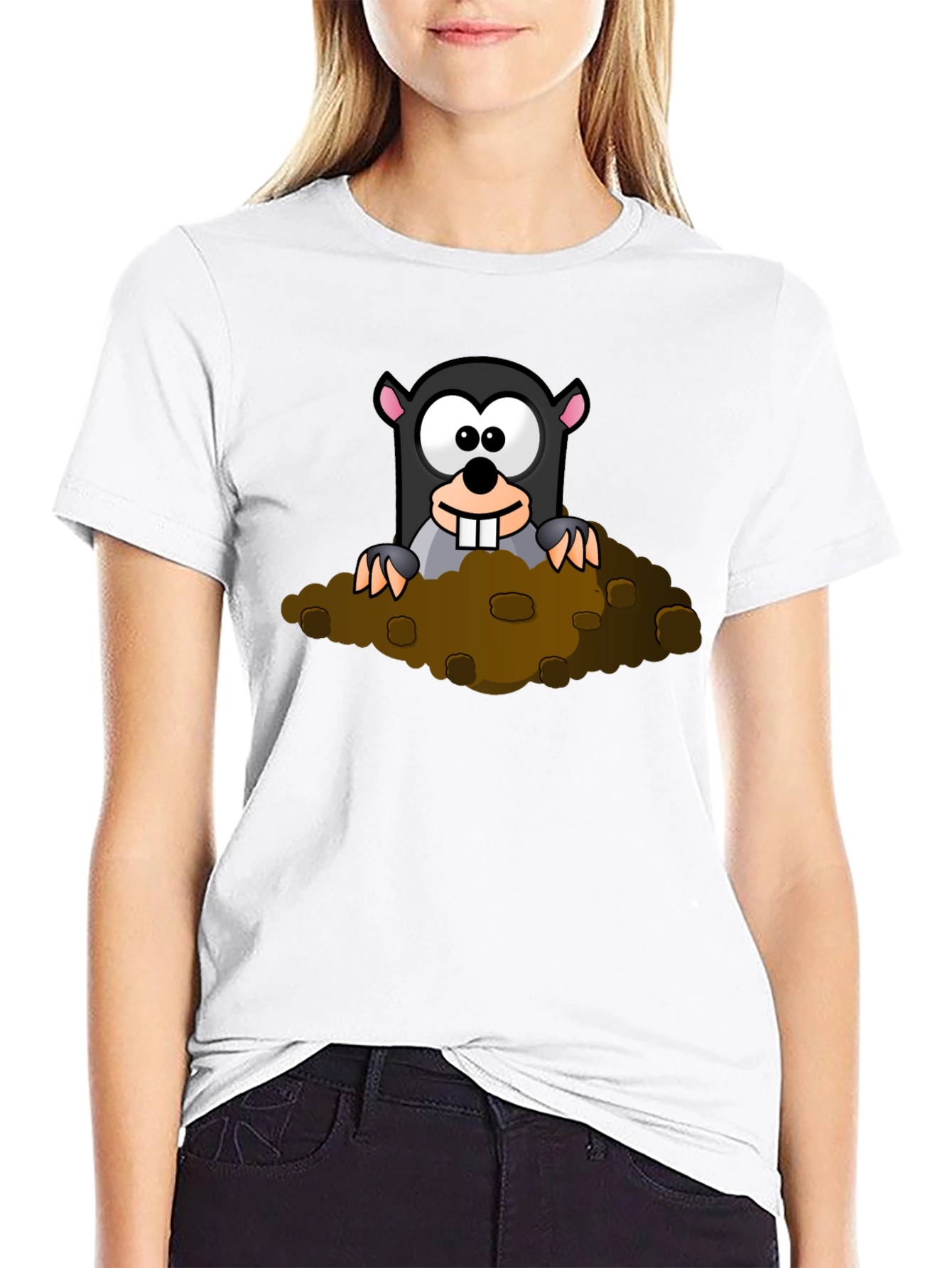 Whimsical Mole Cartoon Graphic Black T-Shirt