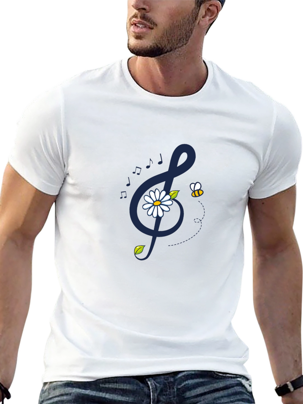 Musical Daisy Bee Graphic Tee - Black Cotton T-Shirt