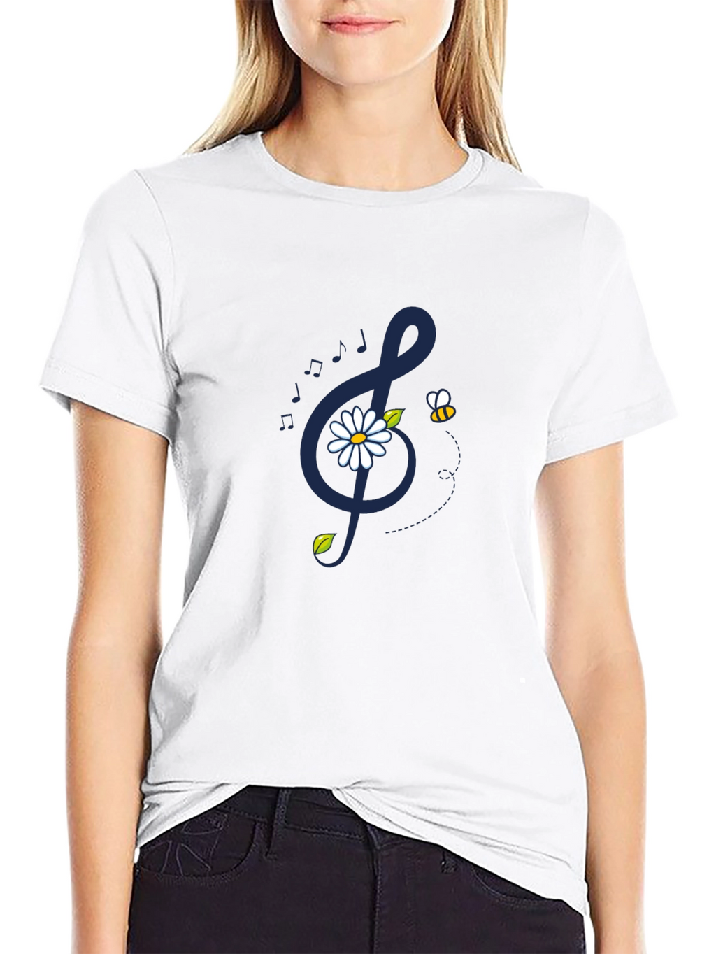 Musical Daisy Bee Graphic Tee - Black Cotton T-Shirt