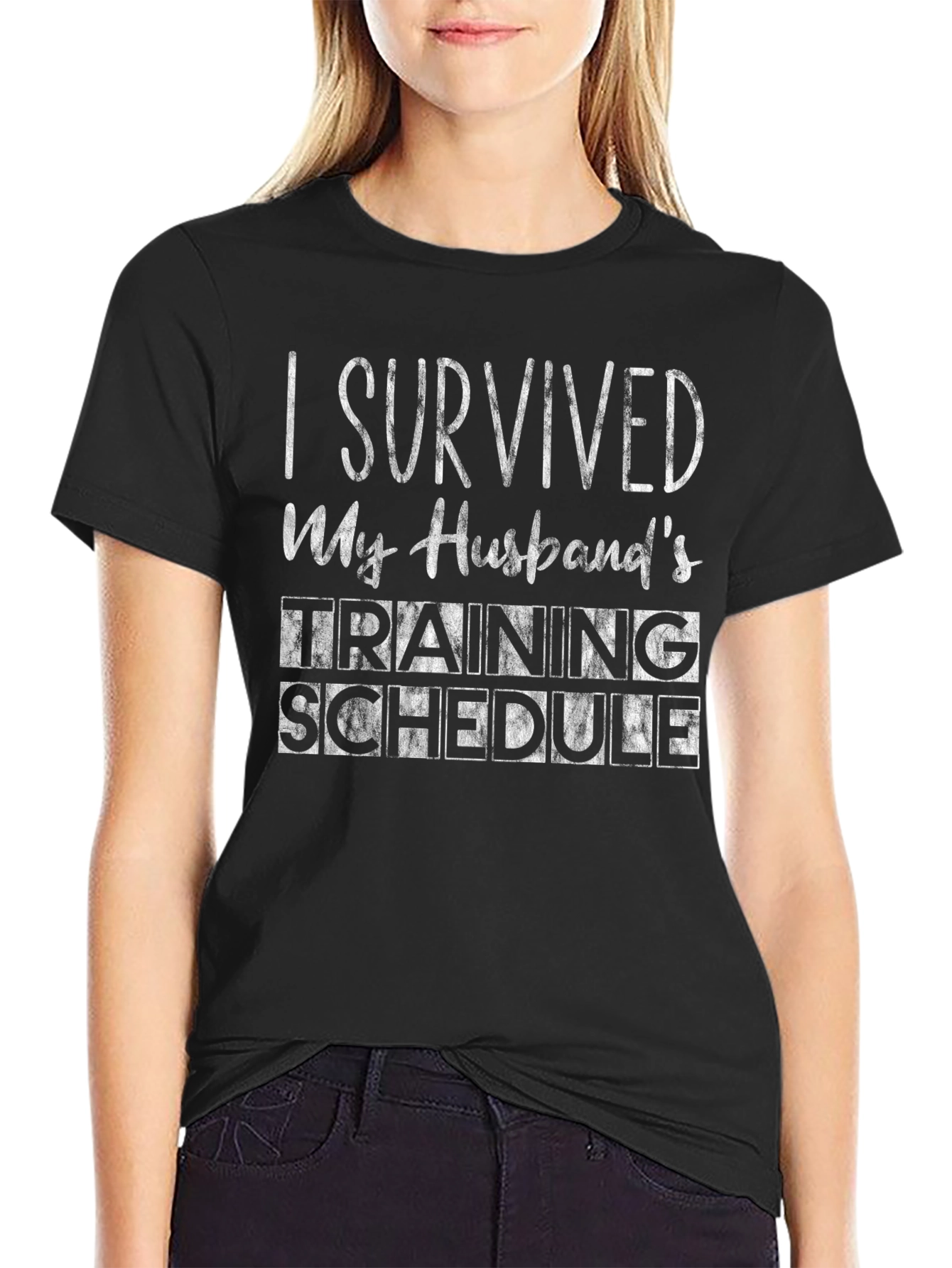 Humorous I Survived Husbands Training Black T-Shirt