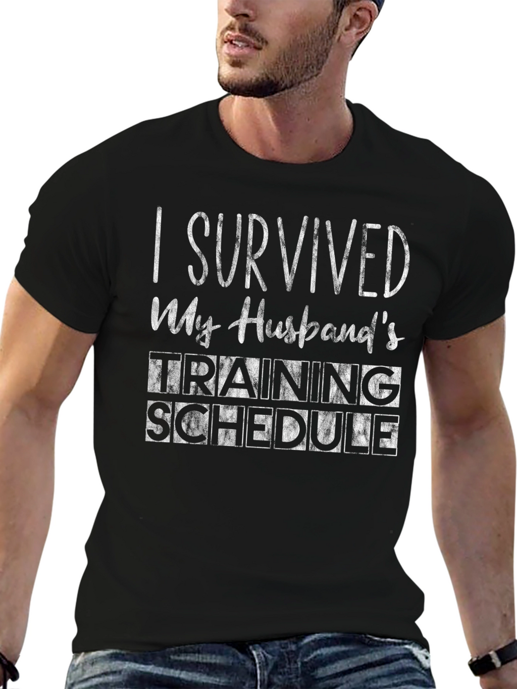 Humorous I Survived Husbands Training Black T-Shirt