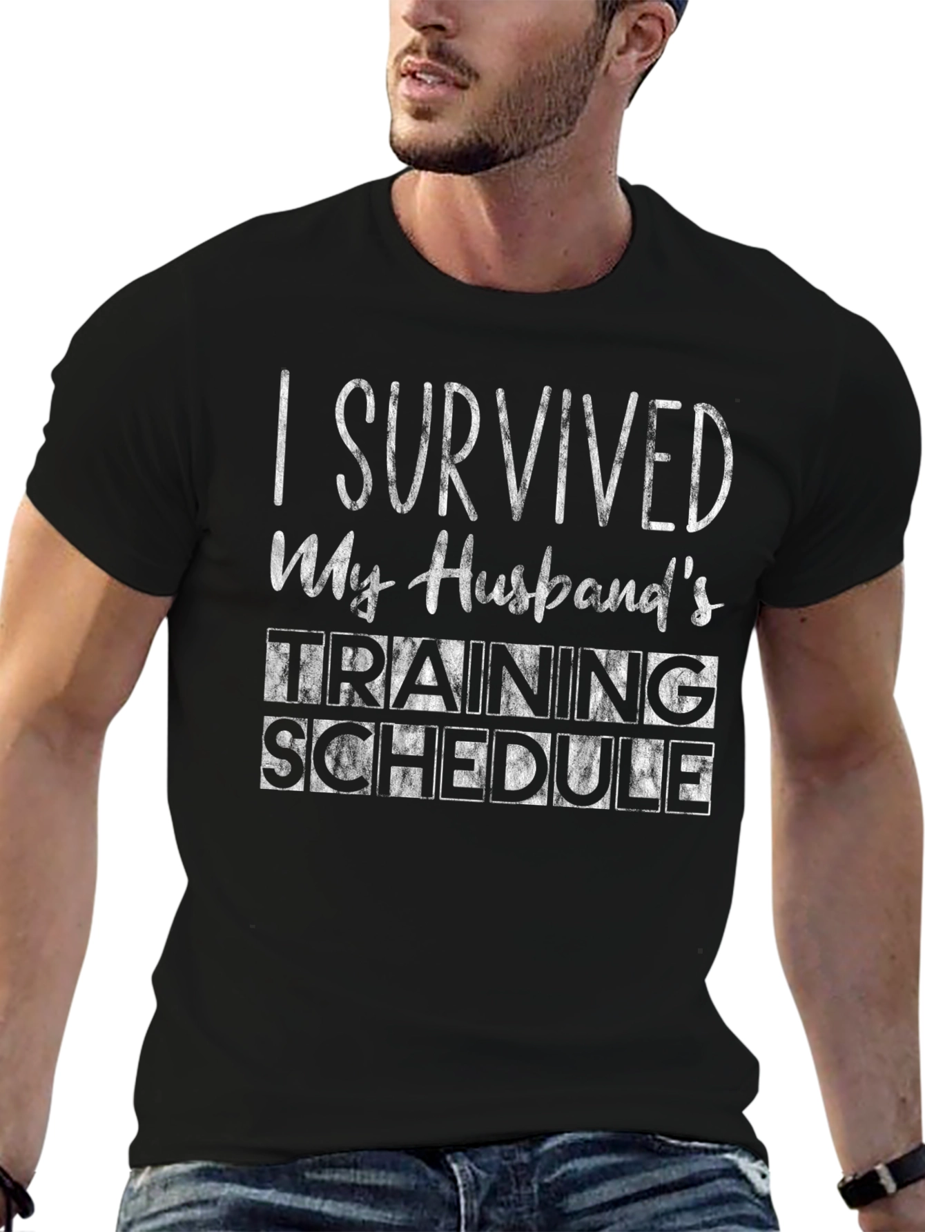 Humorous I Survived Husbands Training Black T-Shirt