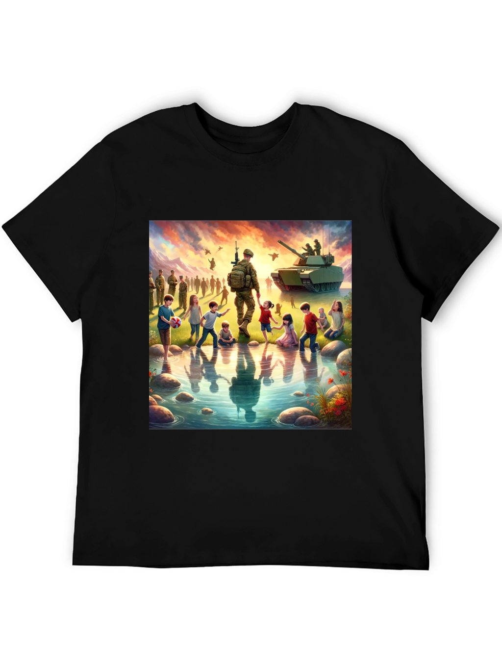 Patriotic Soldier & Children Black T-Shirt