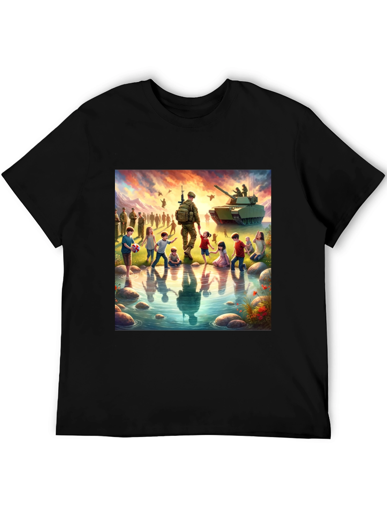 Patriotic Soldier & Children Black T-Shirt