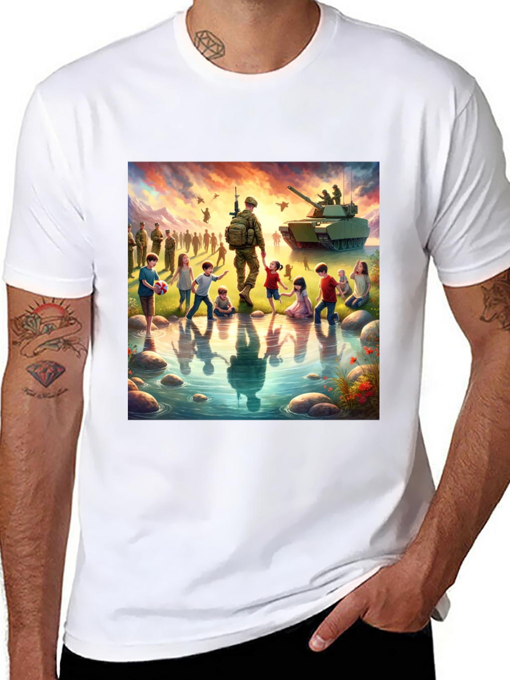 Patriotic Soldier & Children Black T-Shirt