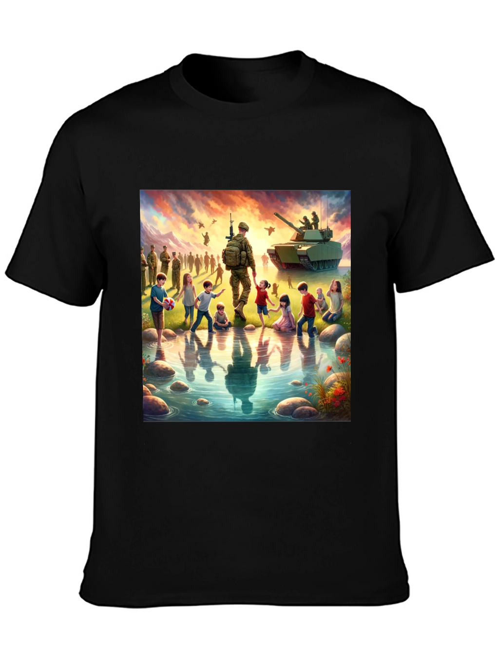 Patriotic Soldier & Children Black T-Shirt