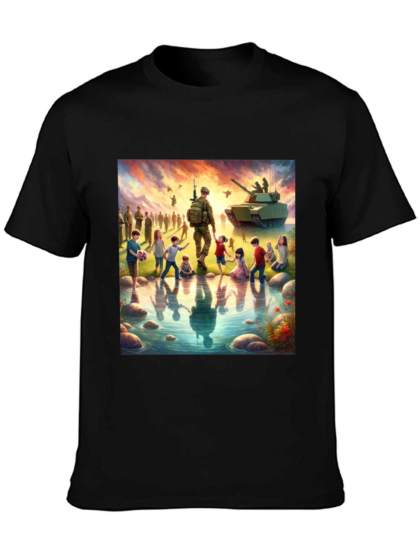 Patriotic Soldier & Children Black T-Shirt