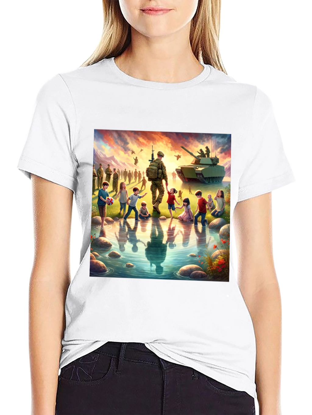 Patriotic Soldier & Children Black T-Shirt