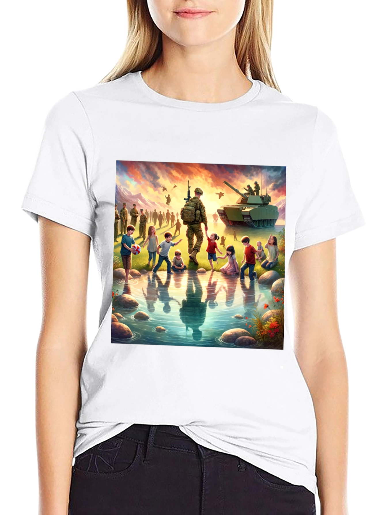 Patriotic Soldier & Children Black T-Shirt
