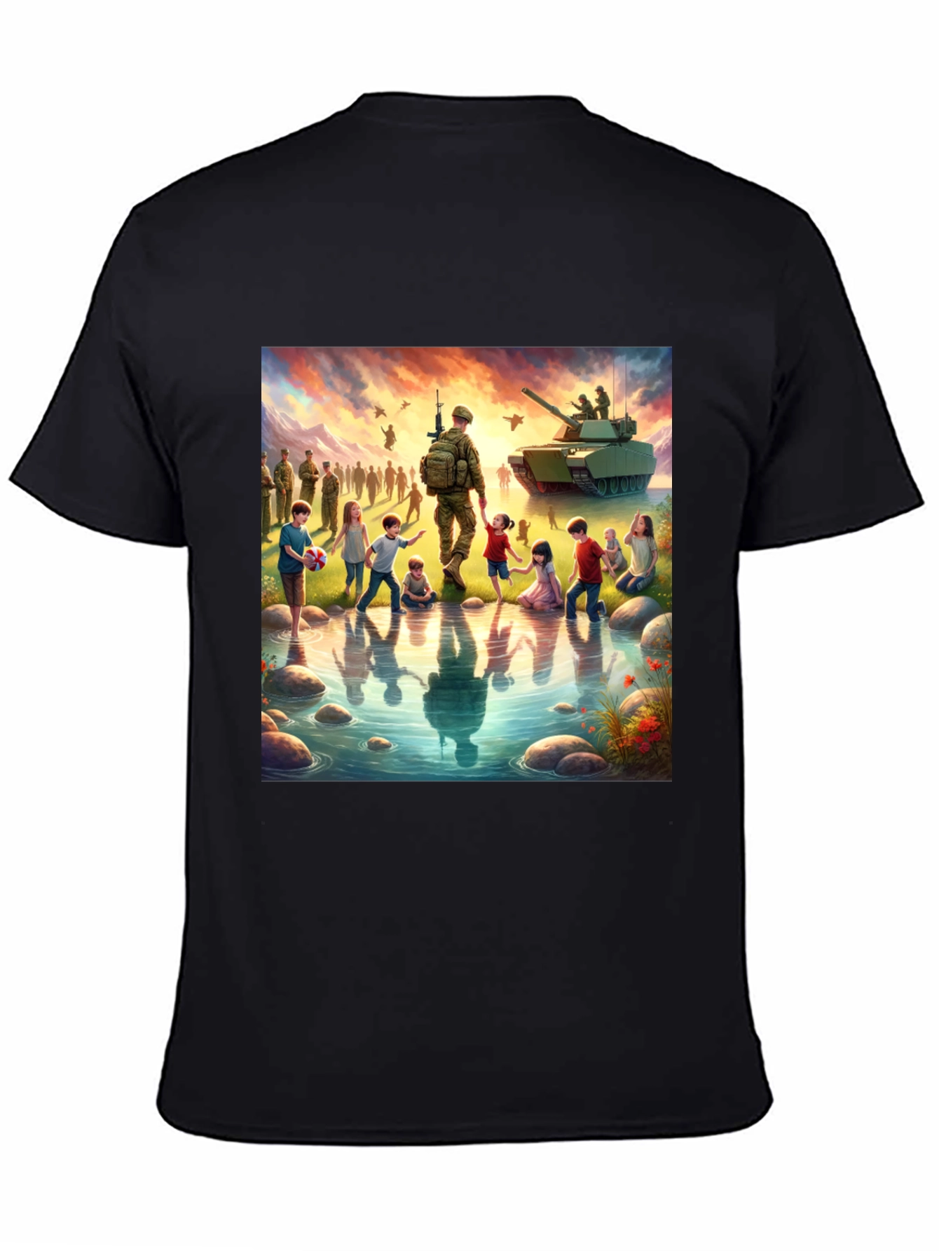 Patriotic Soldier & Children Black T-Shirt