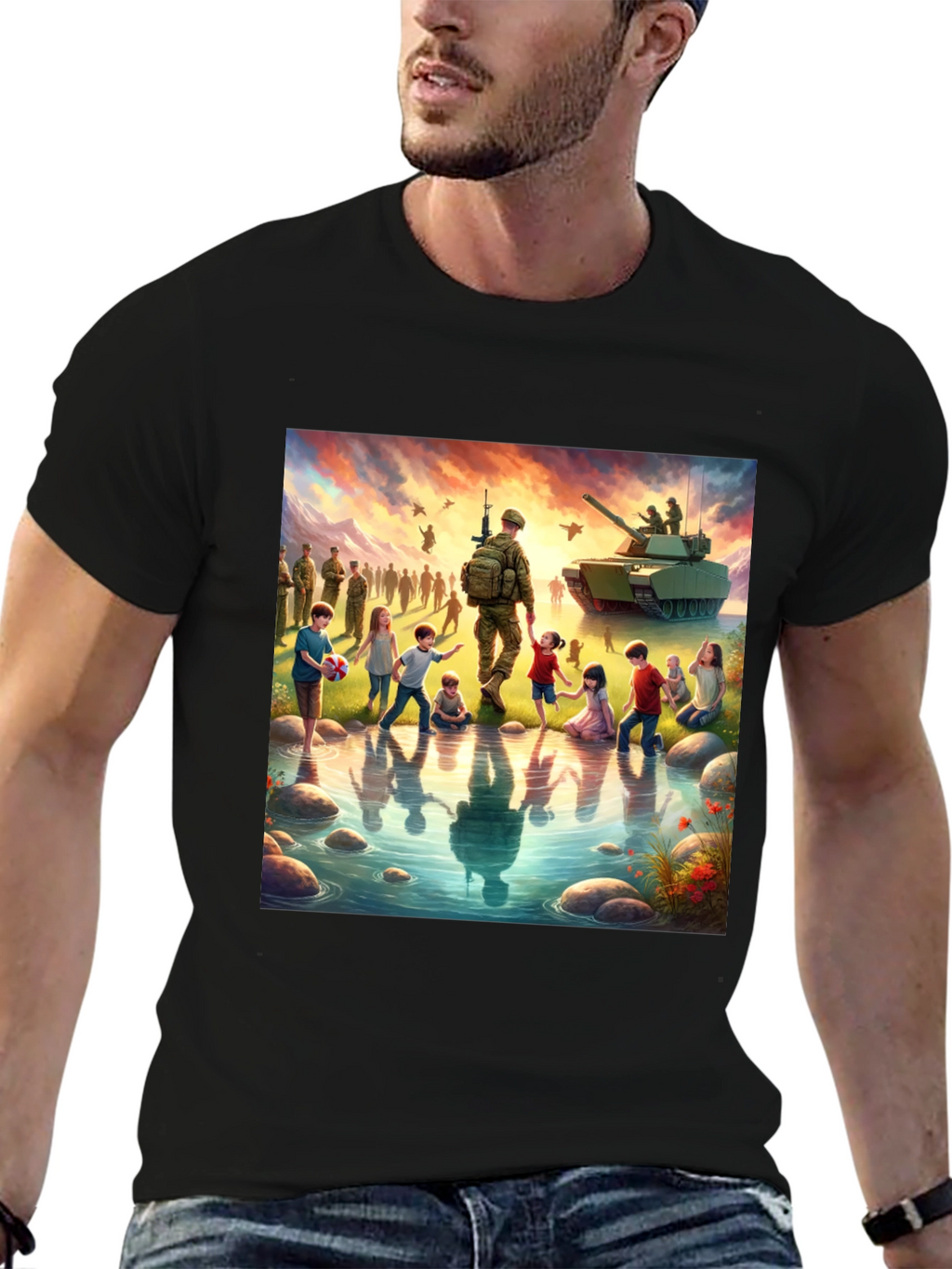 Patriotic Soldier & Children Black T-Shirt