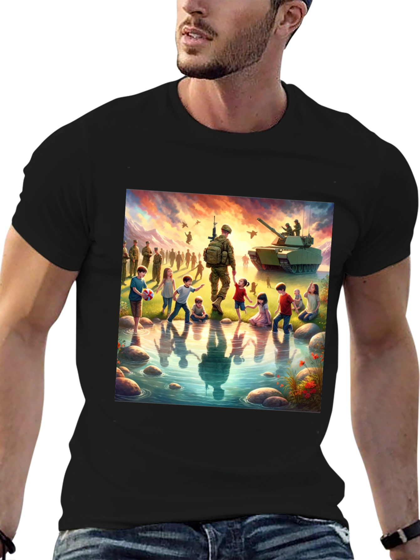 Patriotic Soldier & Children Black T-Shirt