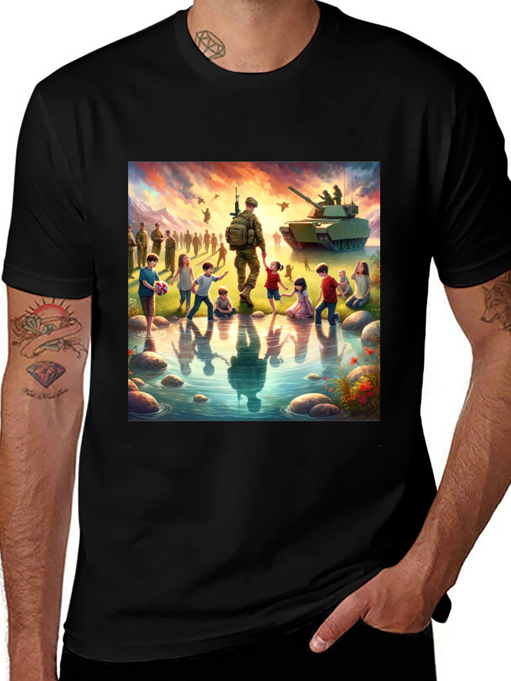 Patriotic Soldier & Children Black T-Shirt