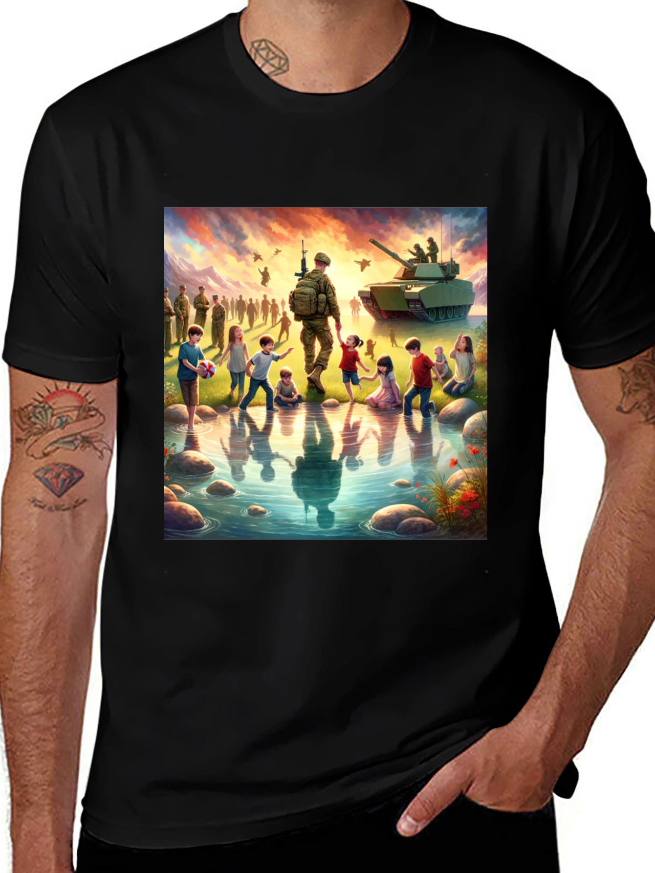 Patriotic Soldier & Children Black T-Shirt