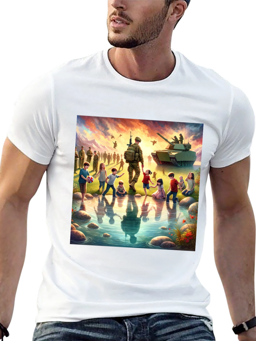 Patriotic Soldier & Children Black T-Shirt