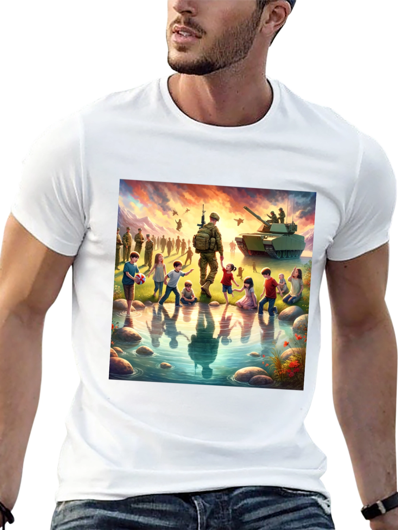 Patriotic Soldier & Children Black T-Shirt