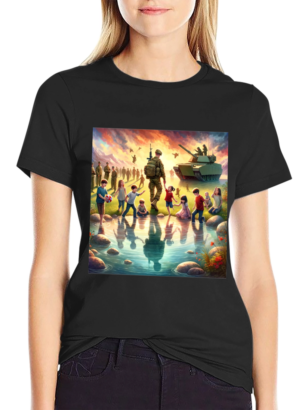Patriotic Soldier & Children Black T-Shirt