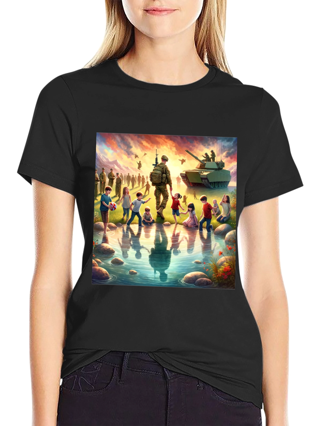 Patriotic Soldier & Children Black T-Shirt