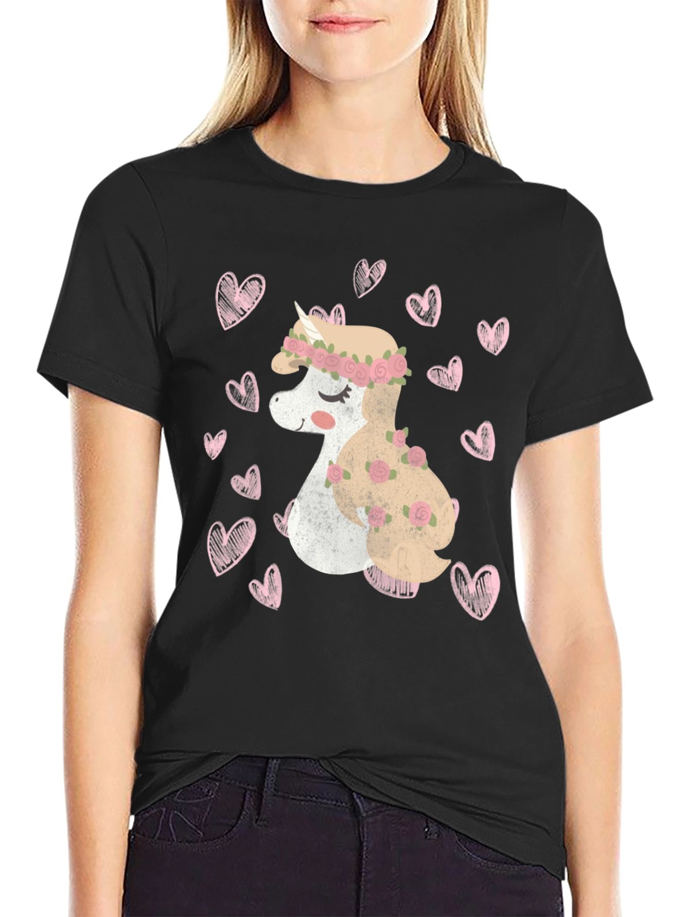 Unicorn Heart Tee - Black Cotton Valentines Day T-Shirt