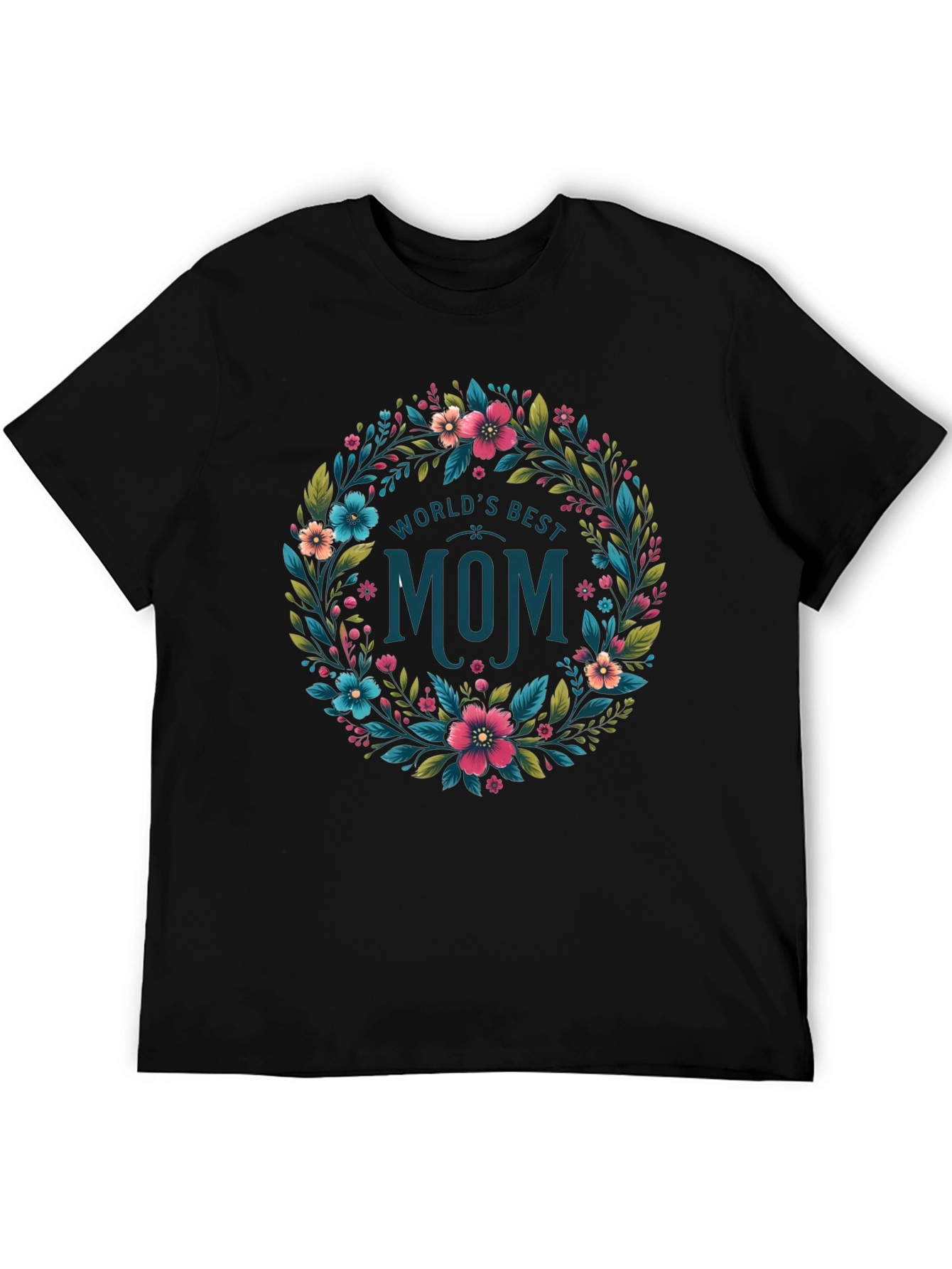 Worlds Best Mom Floral Wreath T-Shirt - Black