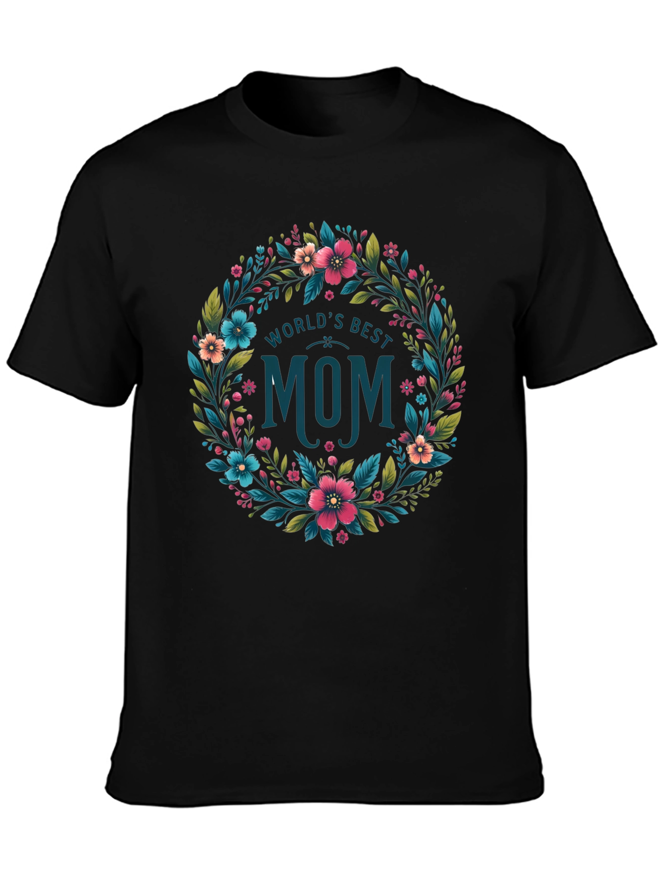 Worlds Best Mom Floral Wreath T-Shirt - Black