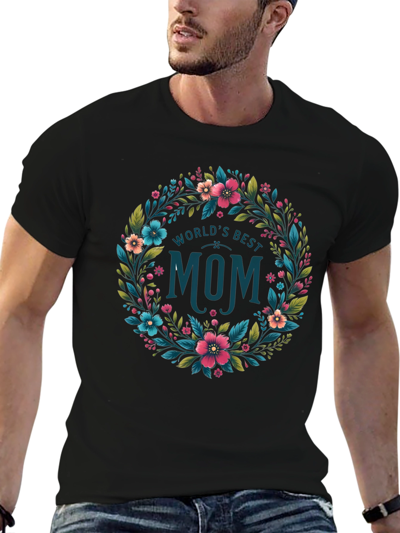 Worlds Best Mom Floral Wreath T-Shirt - Black
