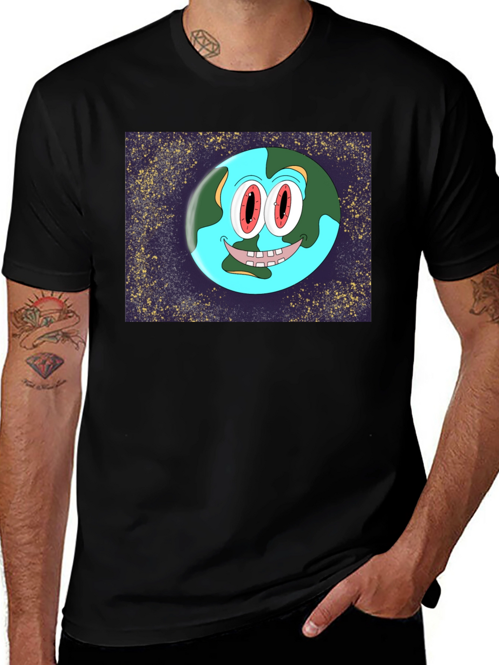 Cartoon Earth Graphic Black T-Shirt
