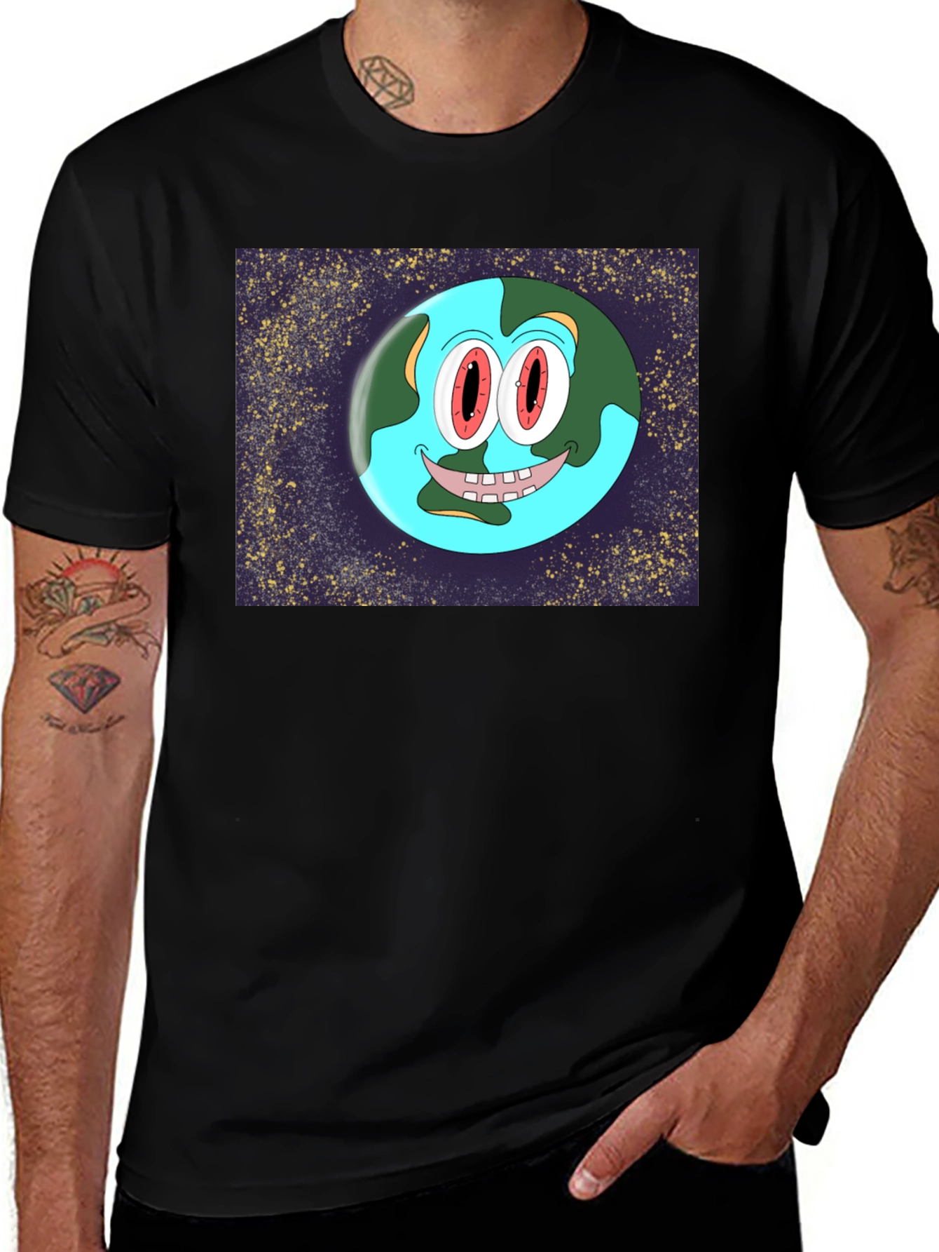 Cartoon Earth Graphic Black T-Shirt
