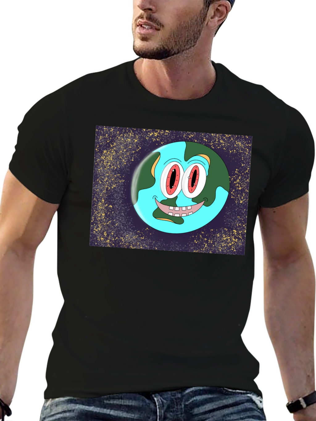 Cartoon Earth Graphic Black T-Shirt