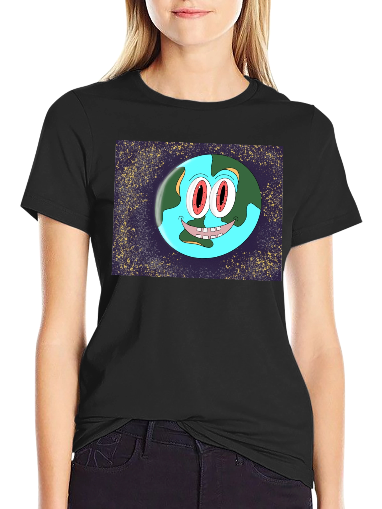 Cartoon Earth Graphic Black T-Shirt