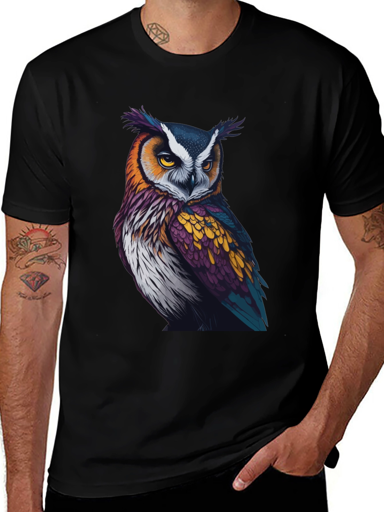 Owl Graphic Tee - Unique Colorful Bird Design