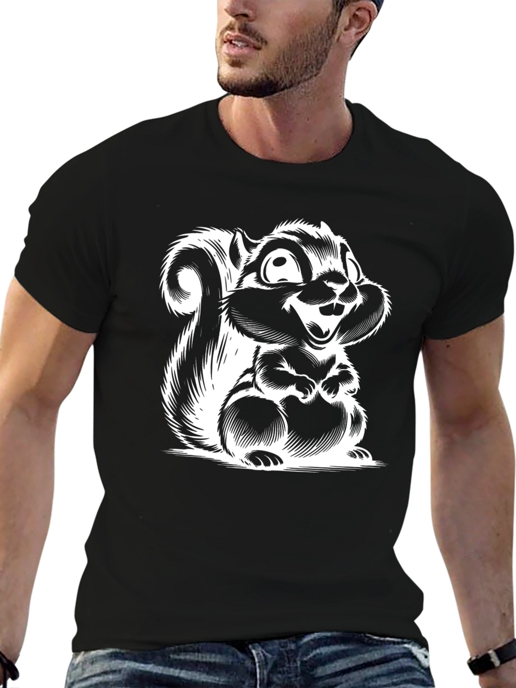 Black T-Shirt with Squirrel Graphic