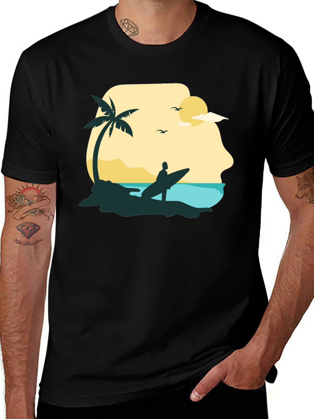 Beach Surfer Graphic Tee - Black Cotton T-Shirt