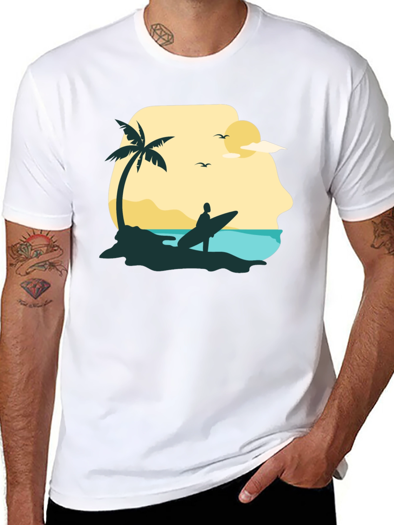 Beach Surfer Graphic Tee - Black Cotton T-Shirt