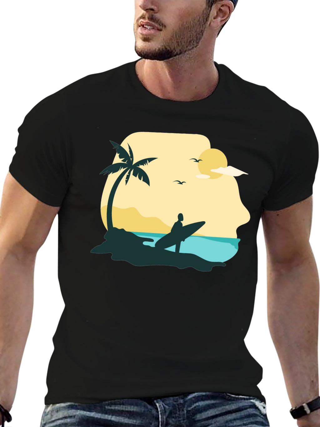 Beach Surfer Graphic Tee - Black Cotton T-Shirt