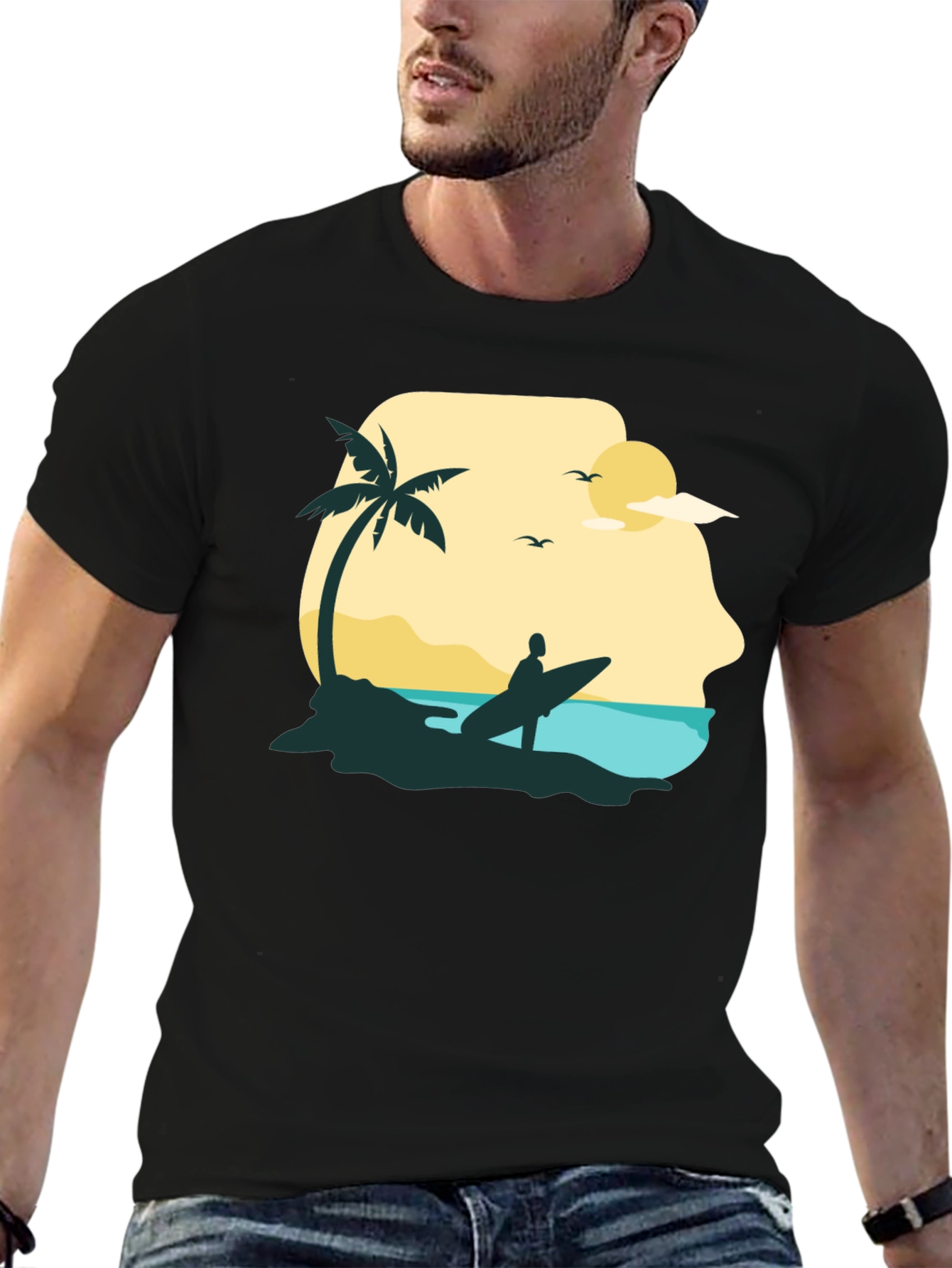 Beach Surfer Graphic Tee - Black Cotton T-Shirt