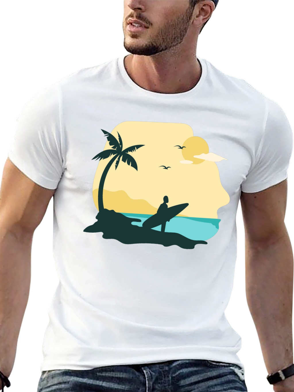 Beach Surfer Graphic Tee - Black Cotton T-Shirt