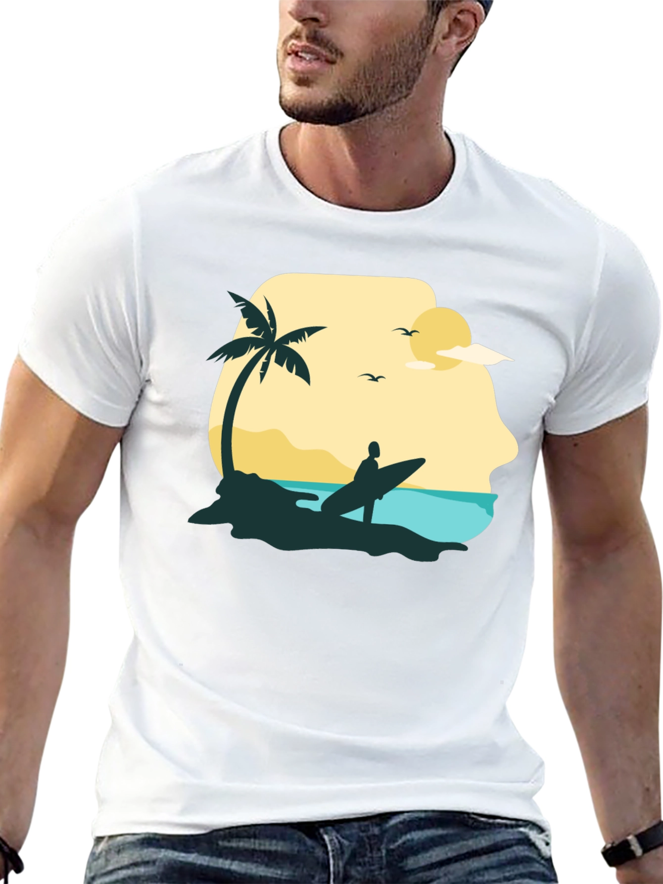 Beach Surfer Graphic Tee - Black Cotton T-Shirt