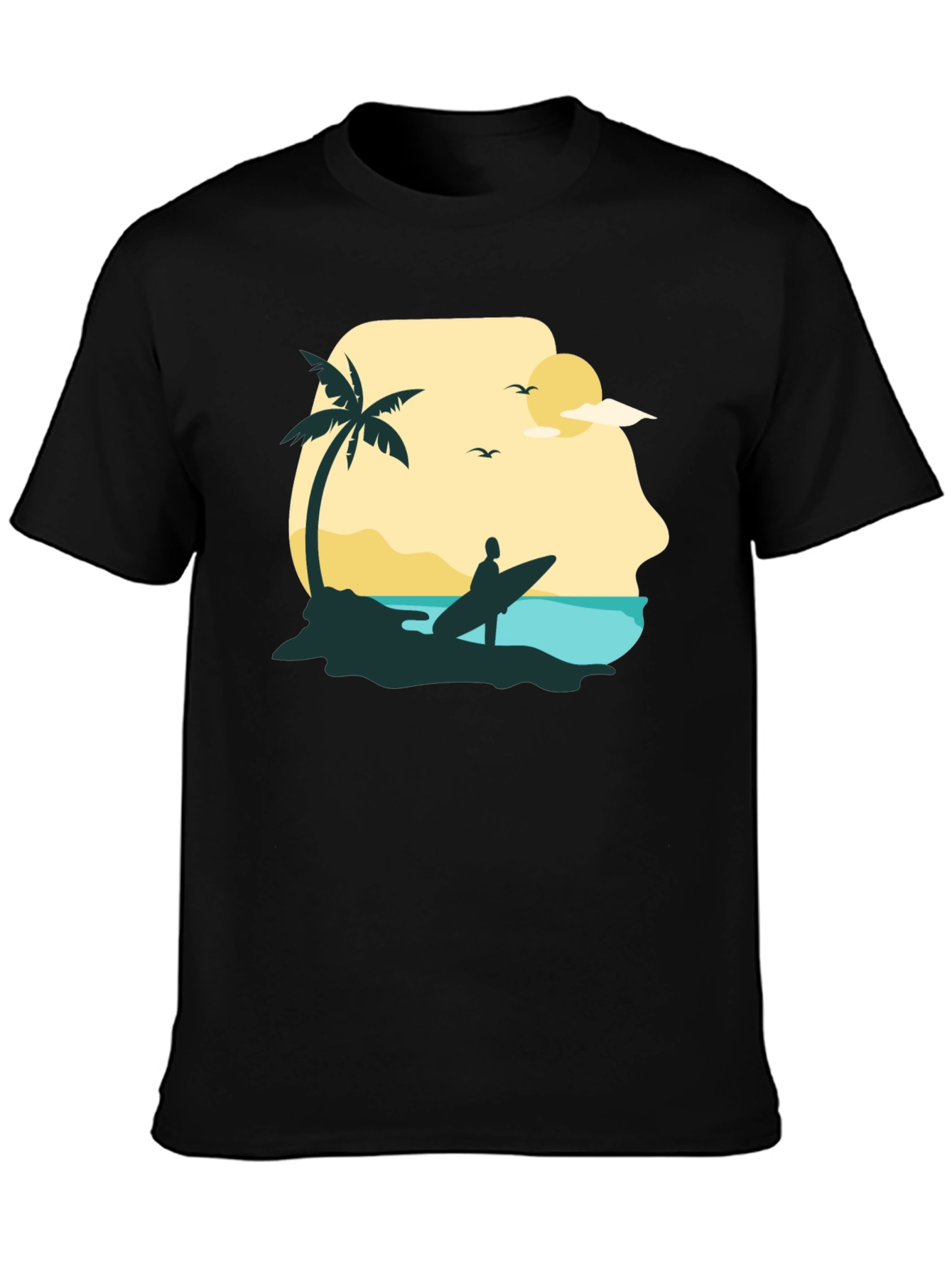 Beach Surfer Graphic Tee - Black Cotton T-Shirt