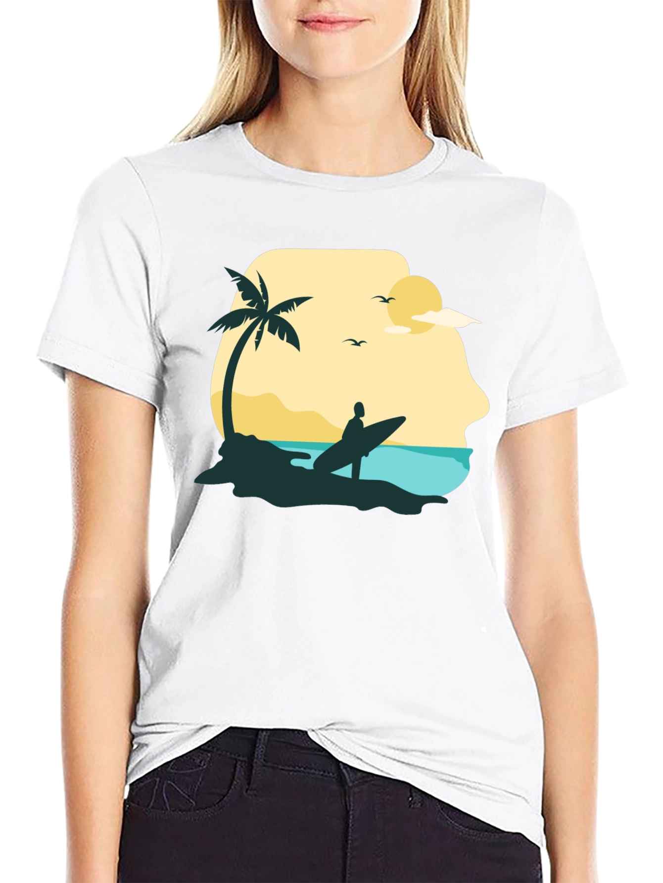 Beach Surfer Graphic Tee - Black Cotton T-Shirt