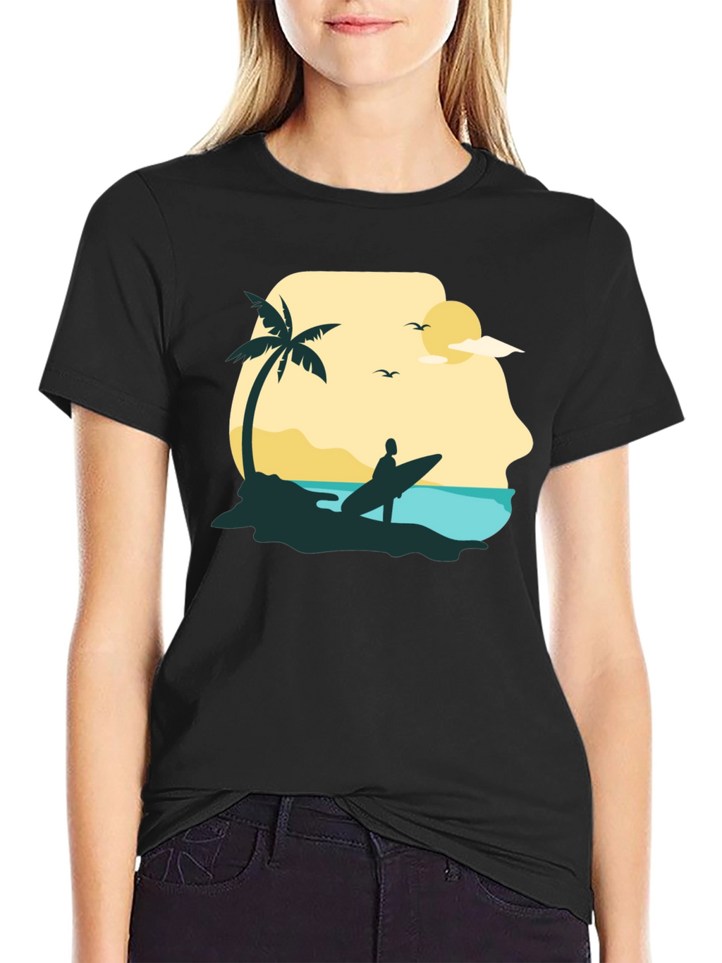 Beach Surfer Graphic Tee - Black Cotton T-Shirt