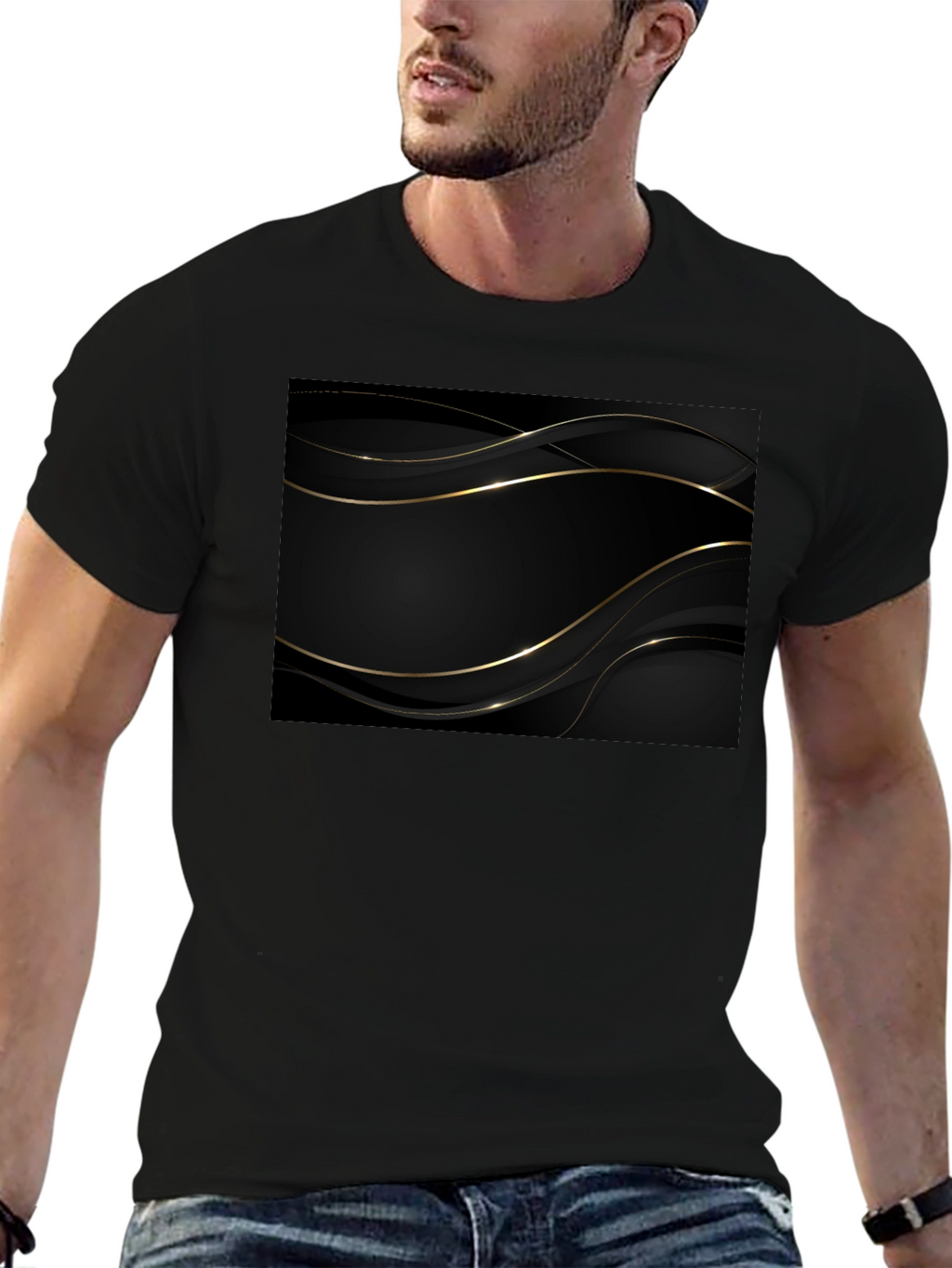 Modern Black Tee with Gold Abstract Design