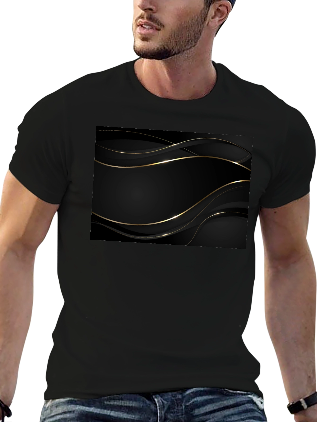 Modern Black Tee with Gold Abstract Design