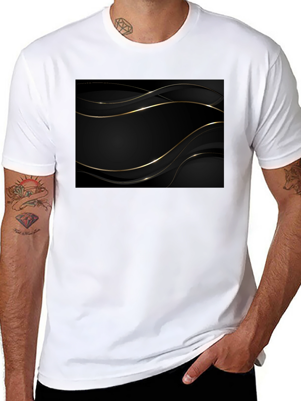 Modern Black Tee with Gold Abstract Design