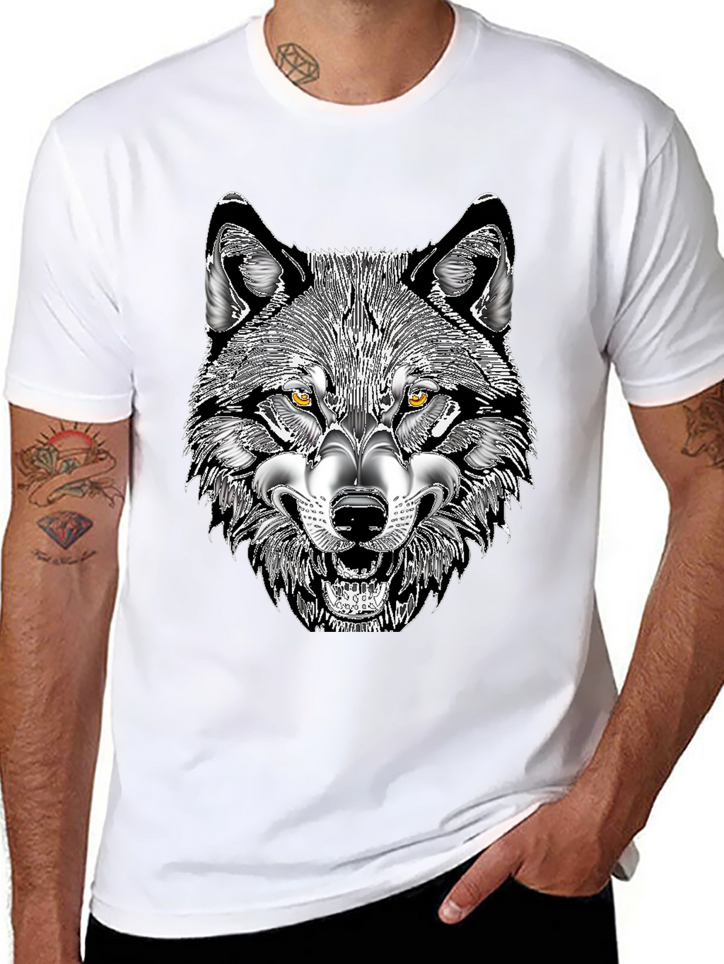 Mens Black T-Shirt with Wolf Graphic Print